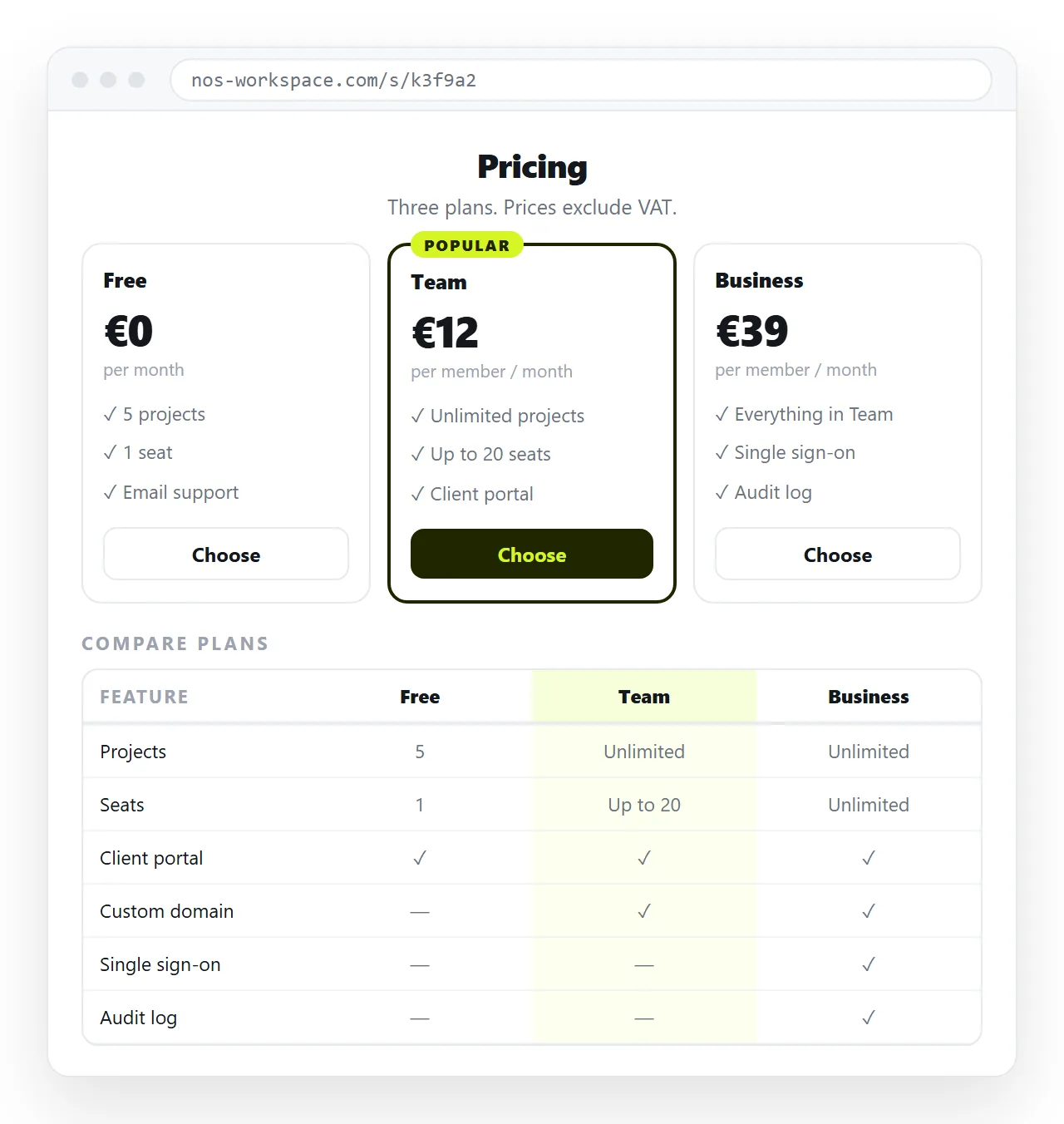 A pricing page with three plan cards side by side and a comparison table below.