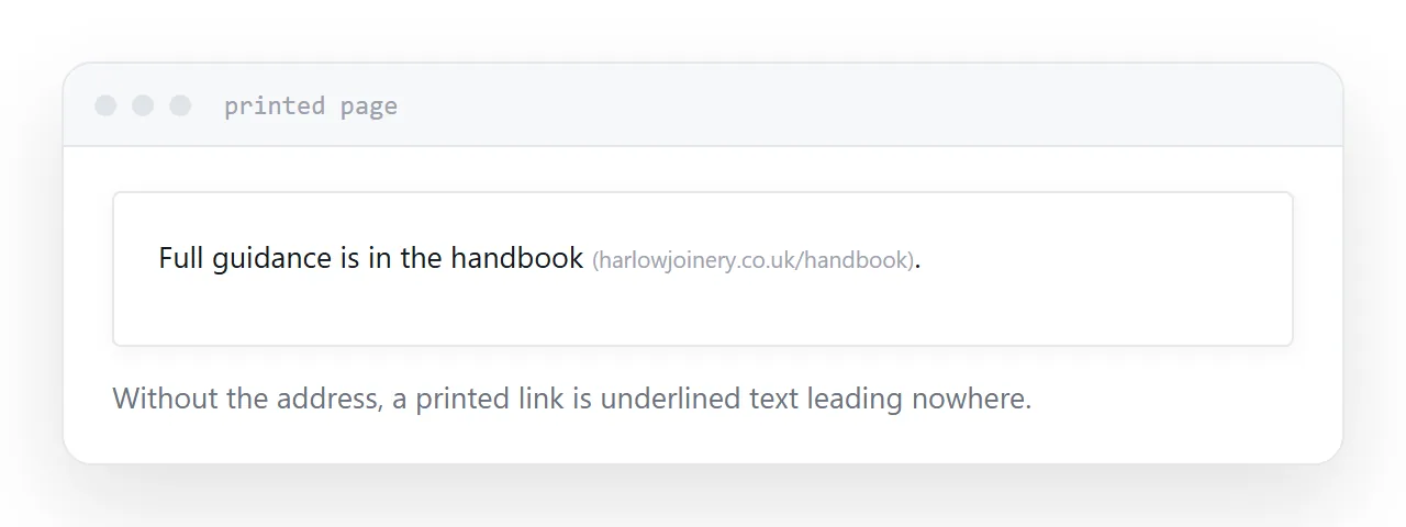A printed page showing addresses in brackets after external links.