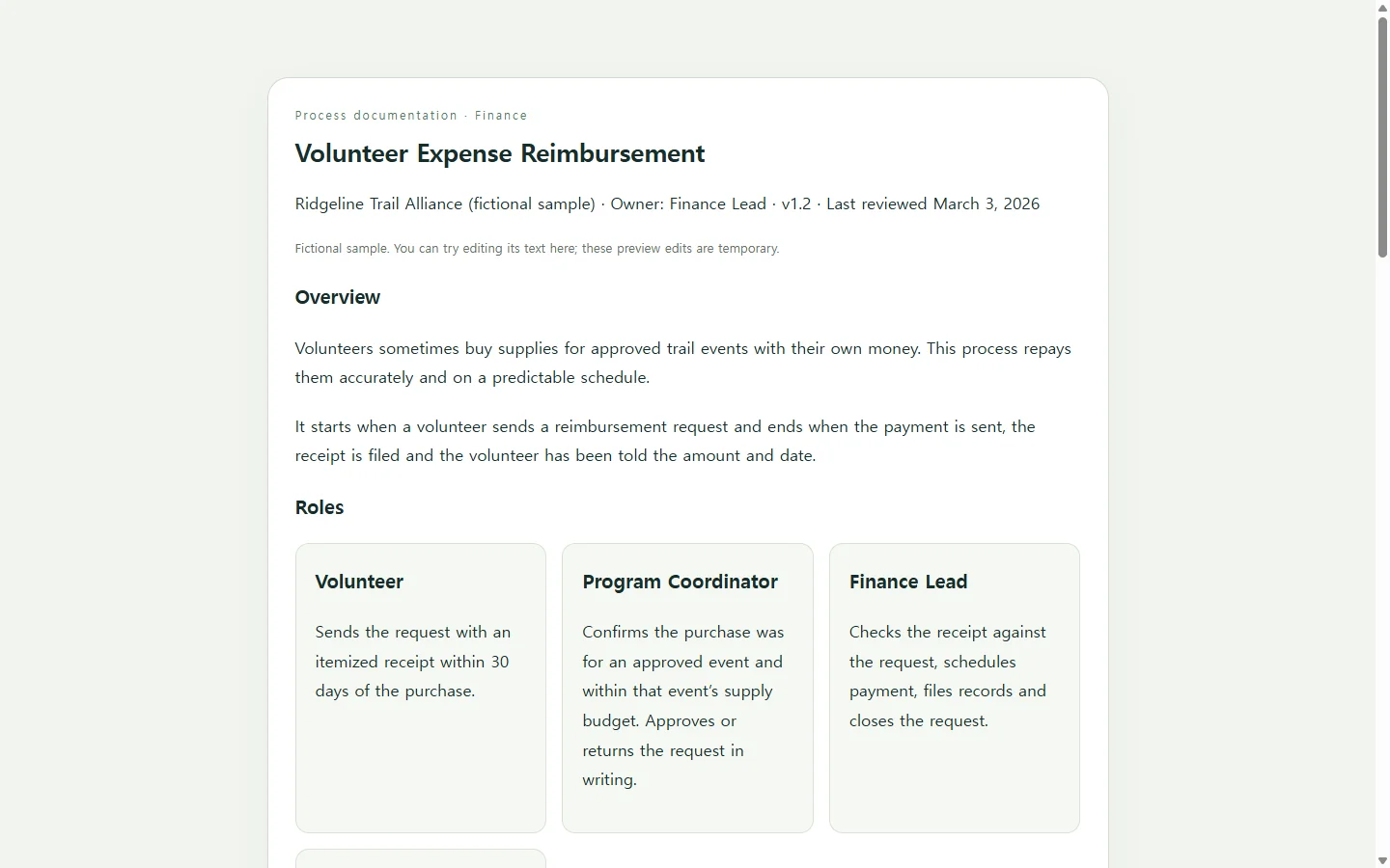 Volunteer Expense Reimbursement — fictional sample