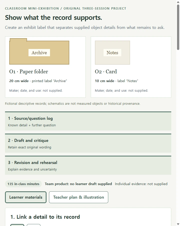 Mini-exhibition • project and evidence studio — Plan a multi-session learner project with distinct benchmark artifacts, individual contribution evidence and an audience rehearsal,…