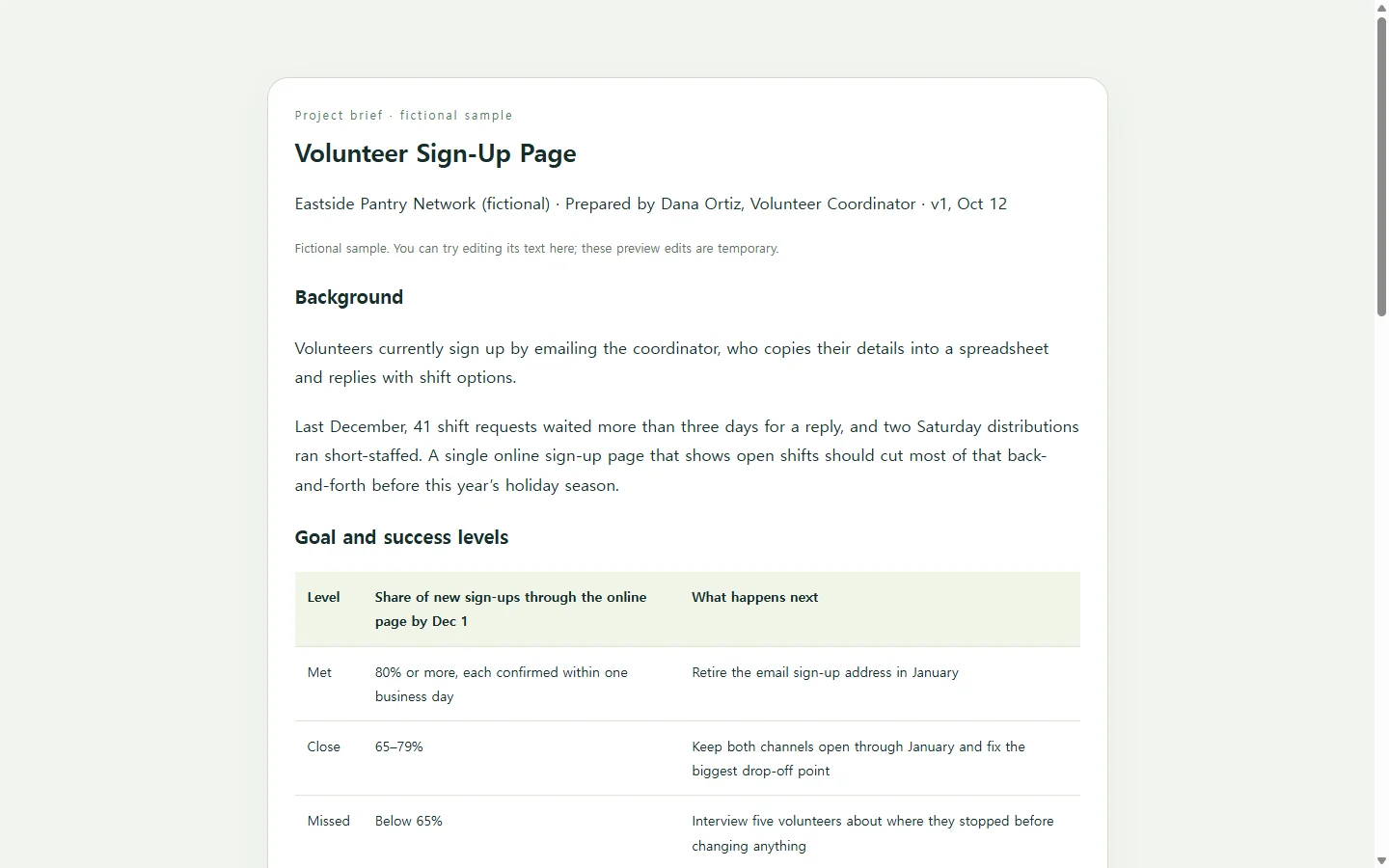 Volunteer Sign-Up Page — fictional sample