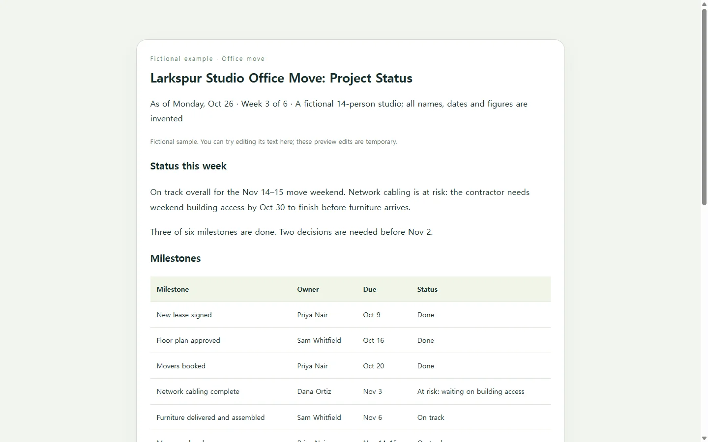 Larkspur Studio Office Move: Project Status — fictional sample