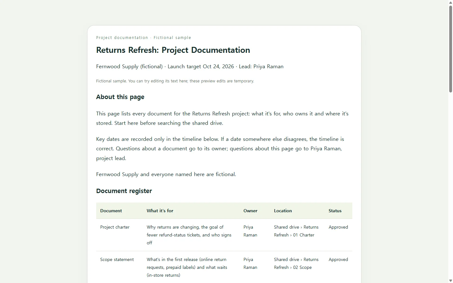 Returns Refresh: Project Documentation — fictional sample