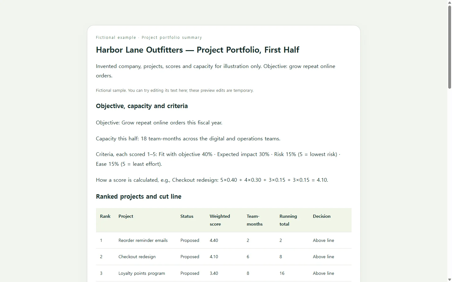 Harbor Lane Outfitters — Project Portfolio, First Half — fictional sample