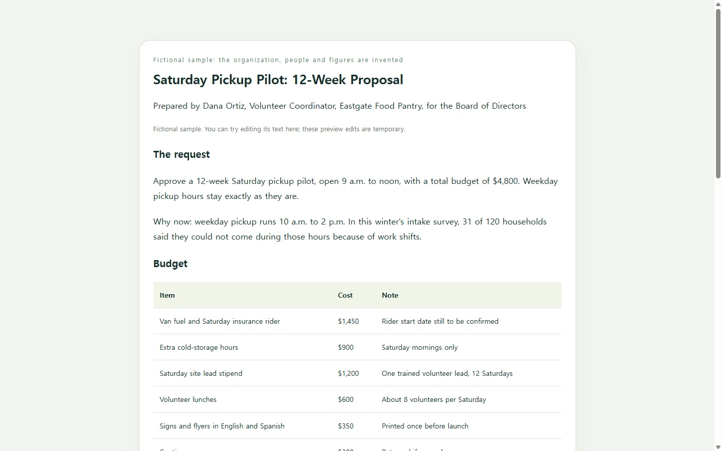 Saturday Pickup Pilot: 12-Week Proposal — fictional sample
