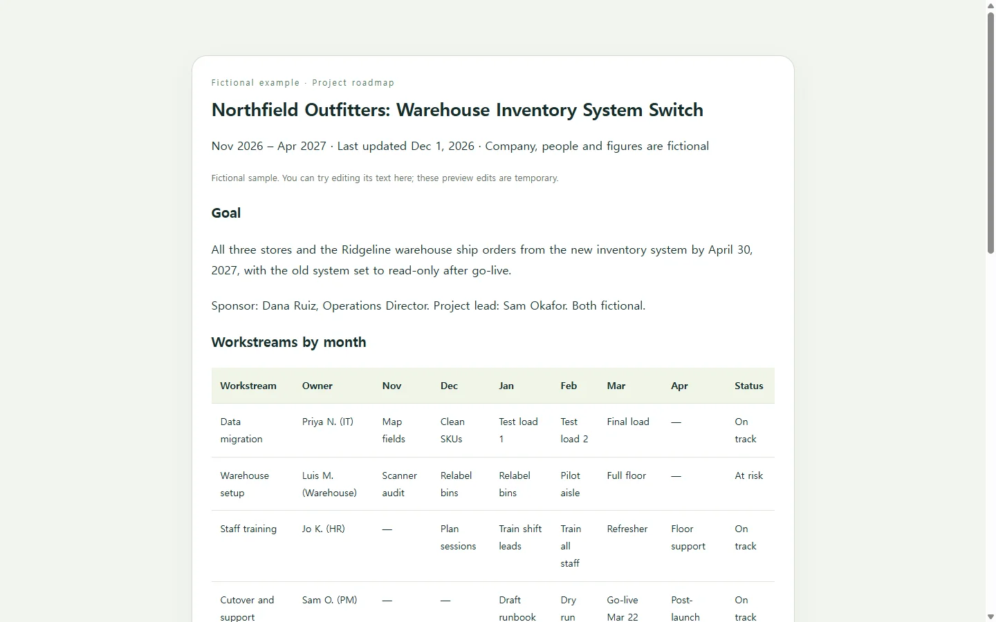 Northfield Outfitters: Warehouse Inventory System Switch — fictional sample
