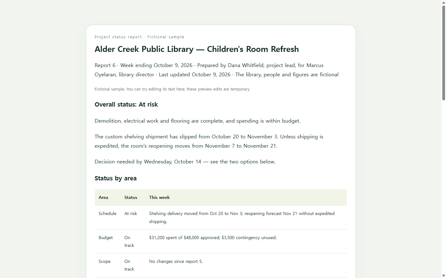 Alder Creek Public Library — Children's Room Refresh — fictional sample