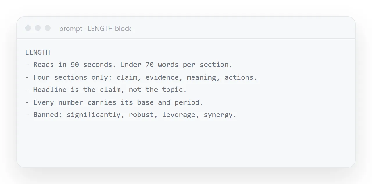 Before the constraints: eleven sections and nine hundred fluent words. The prompt is mostly a list of limits.