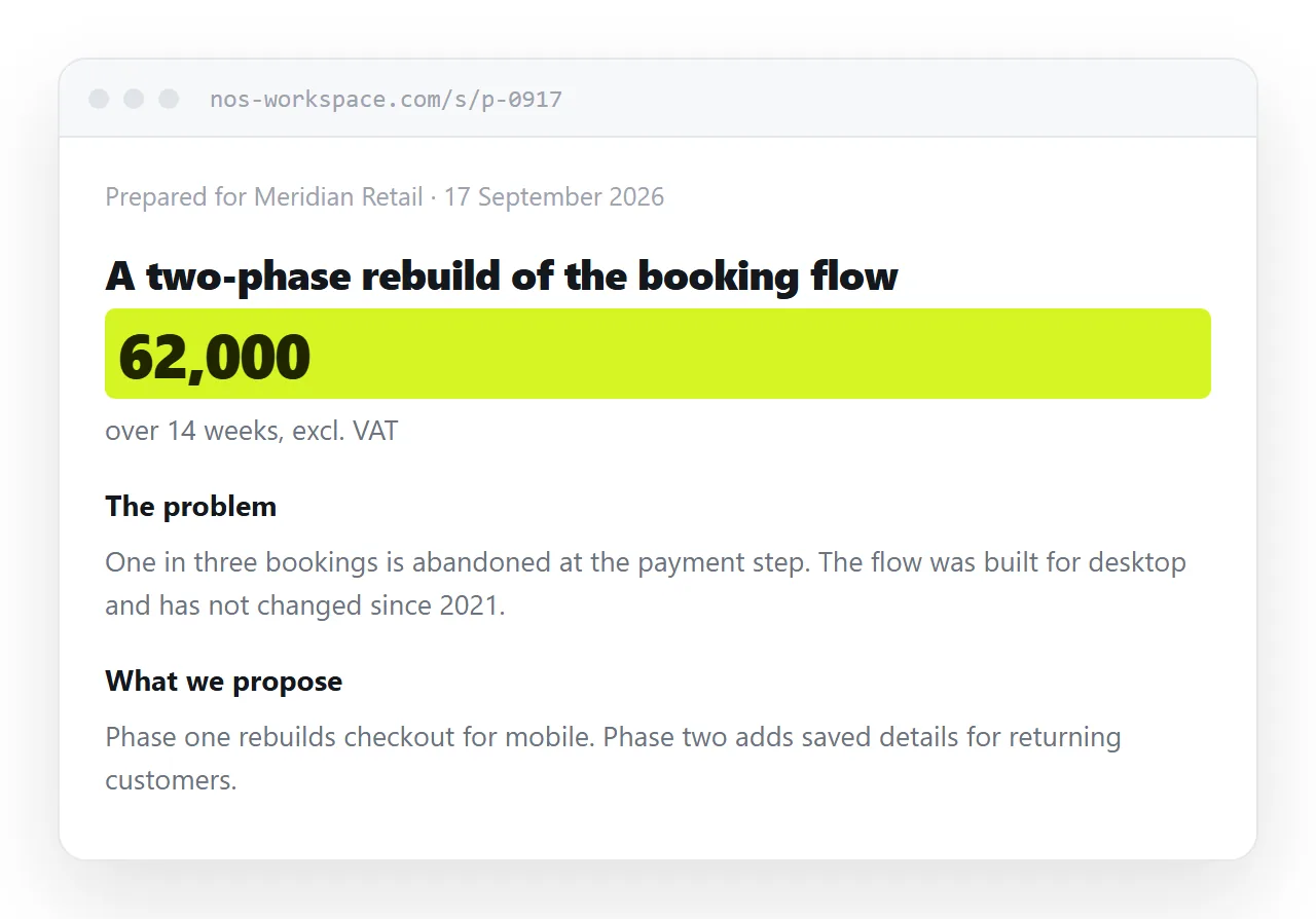 A proposal open in a browser. A short recommendation at the top, price beneath it, sections below.