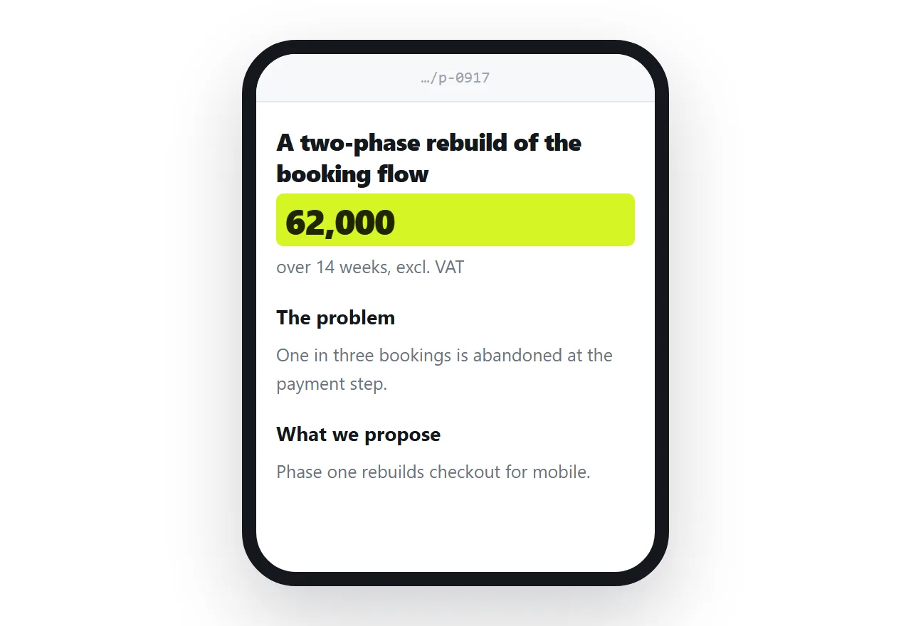 The same proposal on a phone. Headings stacked, the recommendation still readable without zooming.