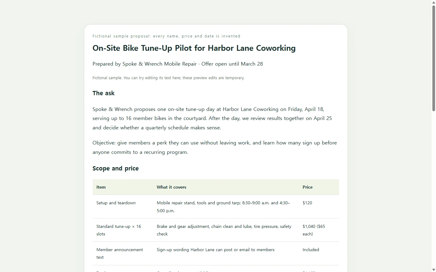 On-Site Bike Tune-Up Pilot for Harbor Lane Coworking — fictional sample
