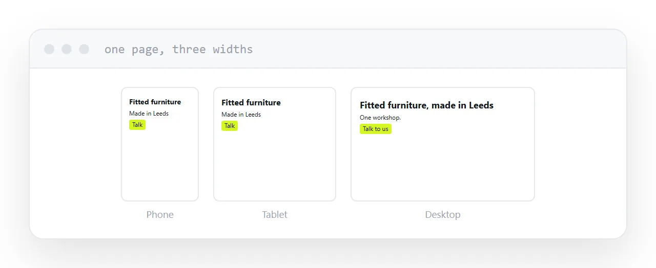 The same rebuilt page at phone, tablet and desktop widths.