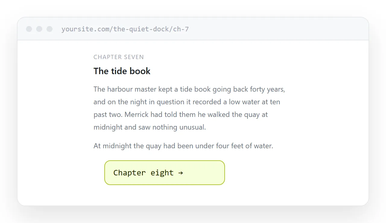 A chapter page with a readable column, chapter number and next-chapter link.