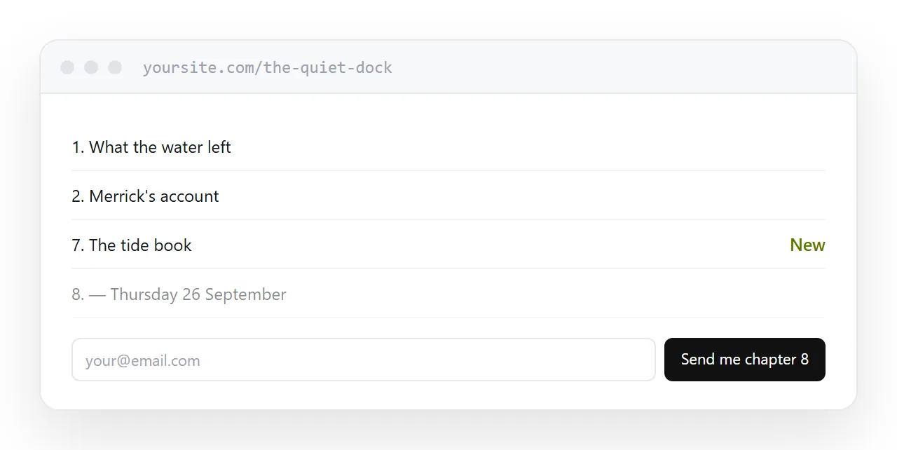 A contents page listing chapters, with the next release date and an email field.