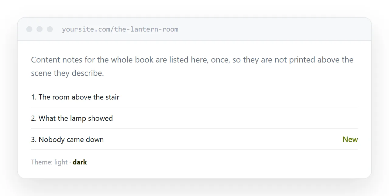 A contents page listing chapters with content notes held at the top rather than per chapter.