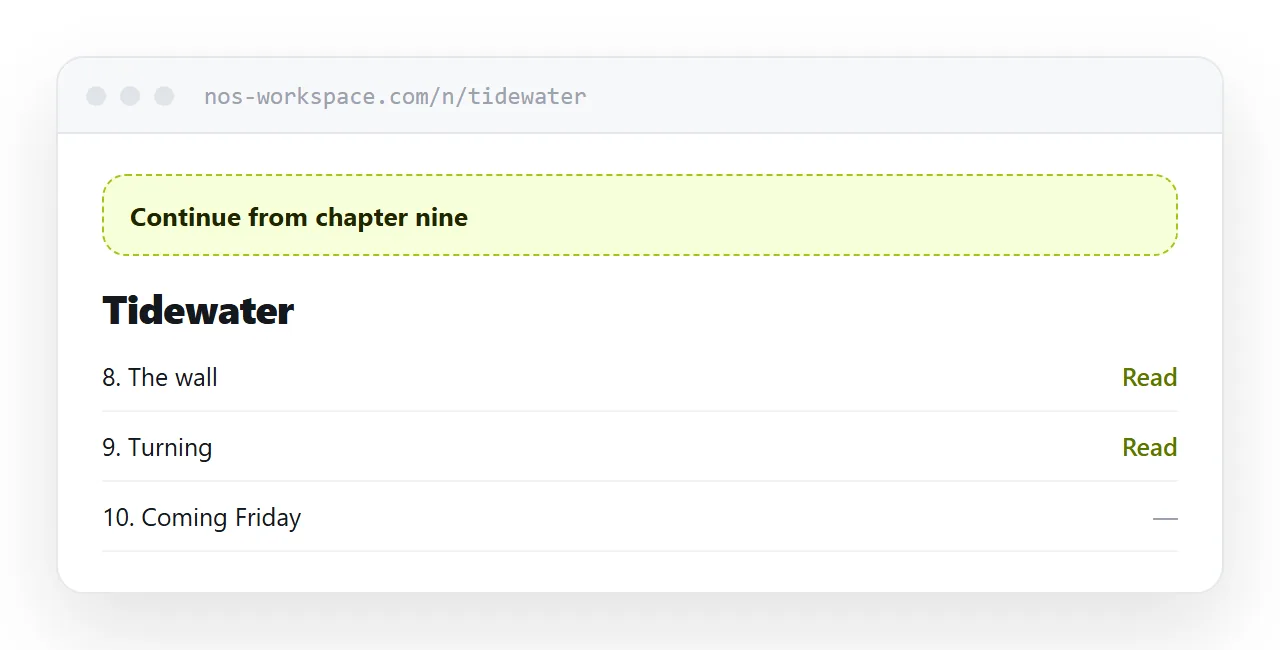 A novel index listing chapters with a continue prompt at the top.