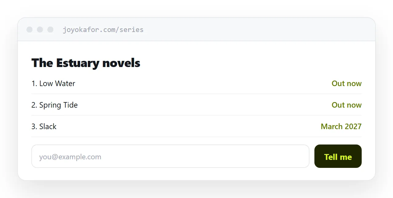 A series page listing books in order with the next one dated.