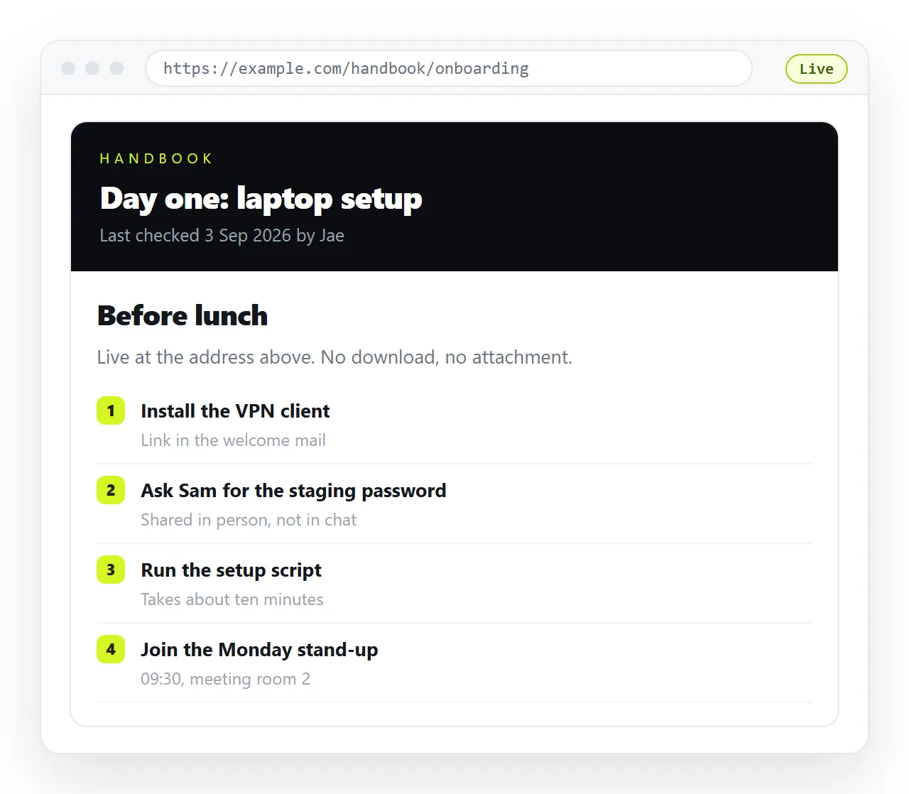A browser showing the published page rendered, with its address in the URL bar.