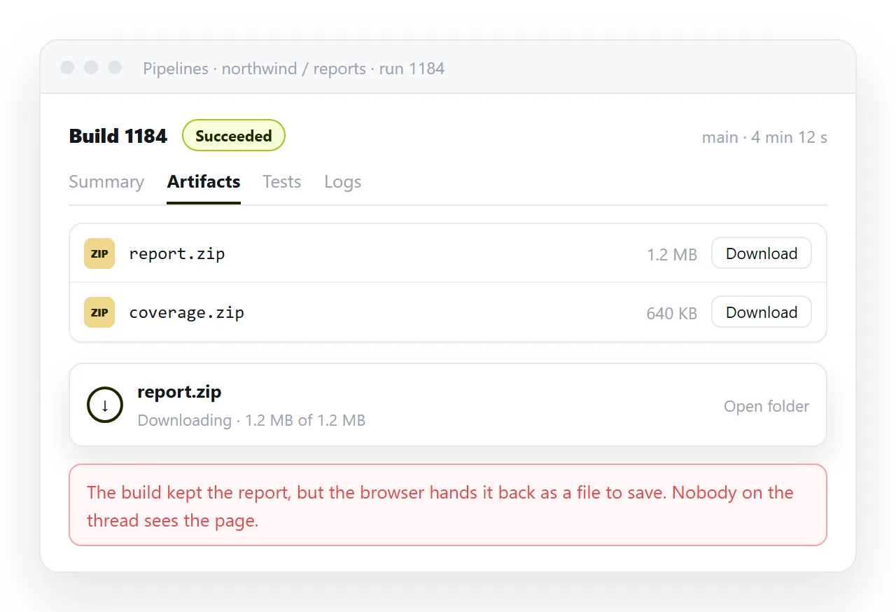 A build run with the published artifact listed, and the browser starting a download rather than showing the page.
