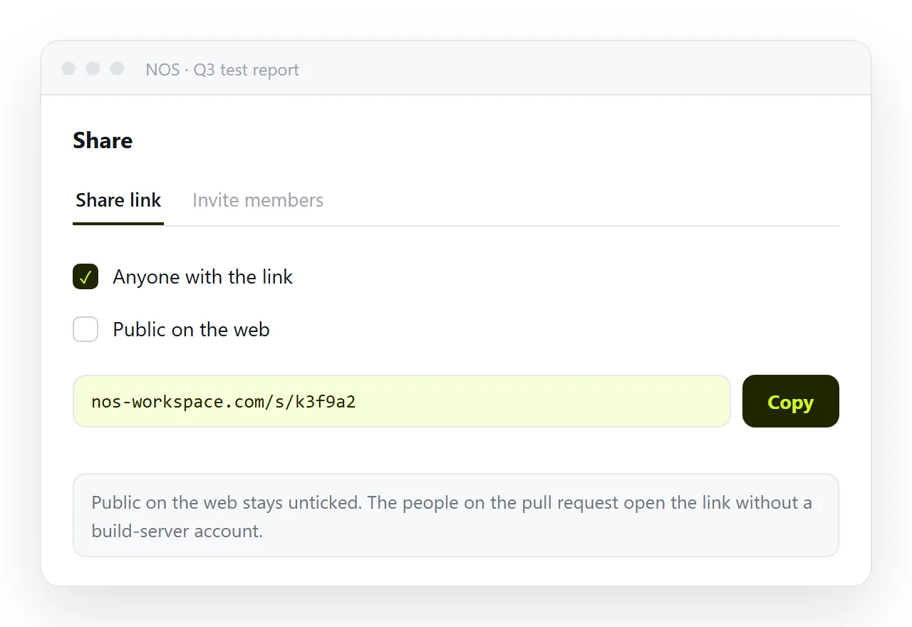 The share dialog with the link created and Public on the web left unticked.