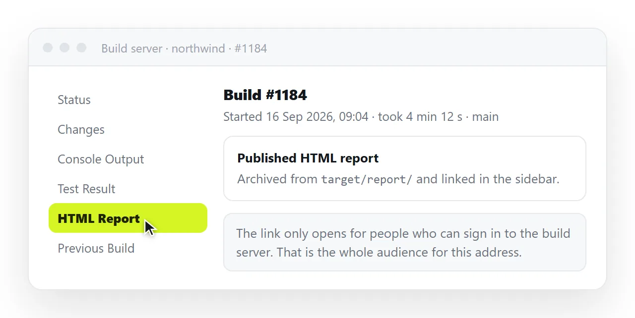 A build page with the published report link in the sidebar.
