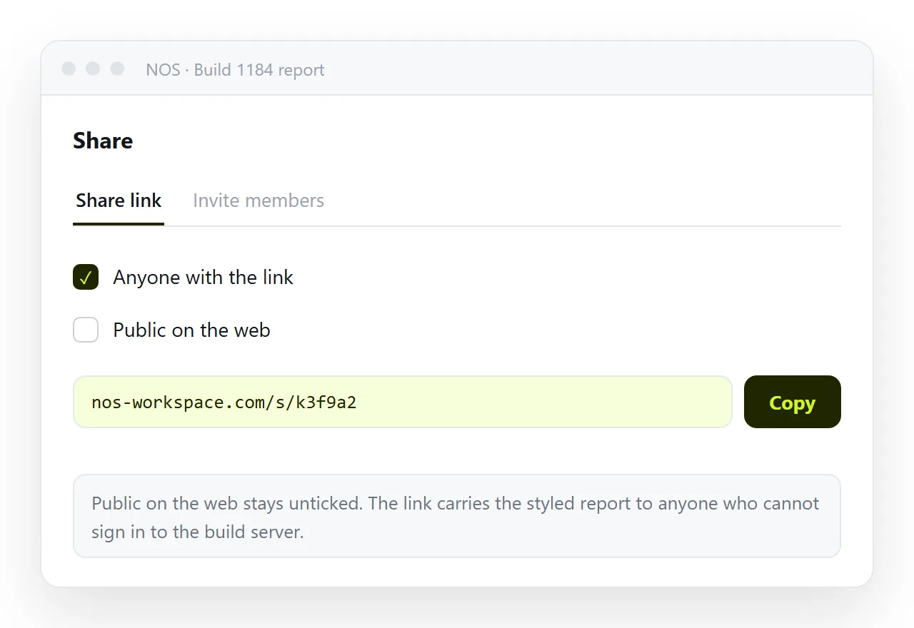 The share dialog with the link created and Public on the web left unticked.