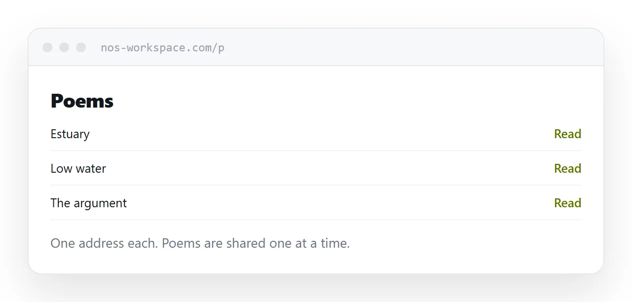 A collection page listing poems, each linking to its own address.