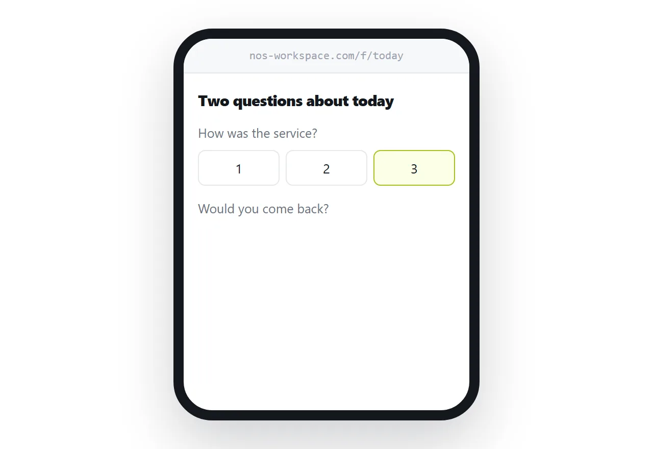 A three-question survey on a phone, all questions visible without scrolling.