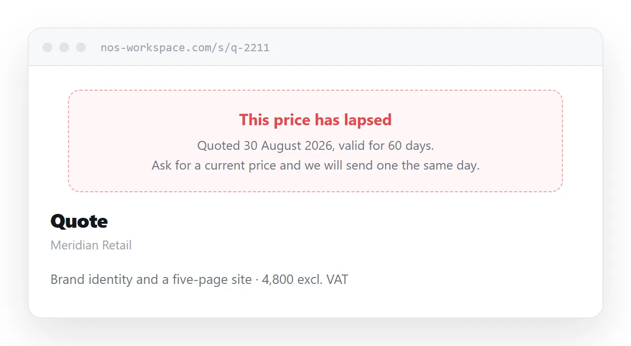 The same quote after its date. A calm notice at the top says the price has lapsed and invites a new one.