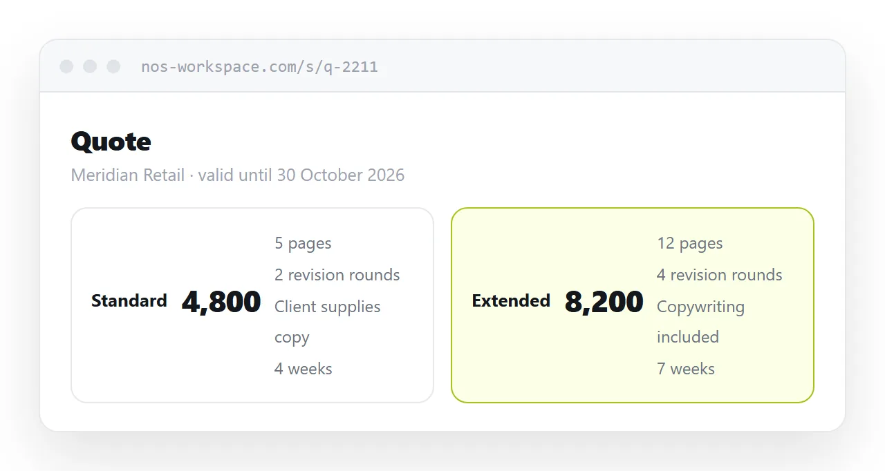 A quote open in a browser. Two option cards side by side with the price and what is included.