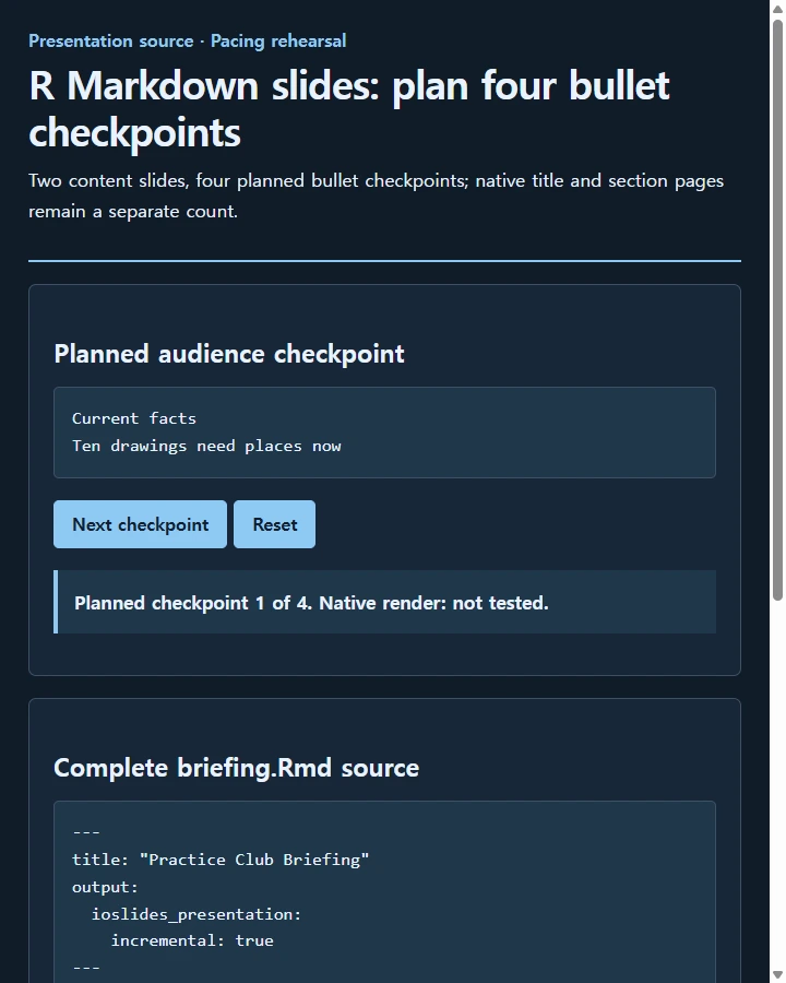 R Markdown slides: plan four bullet checkpoints
