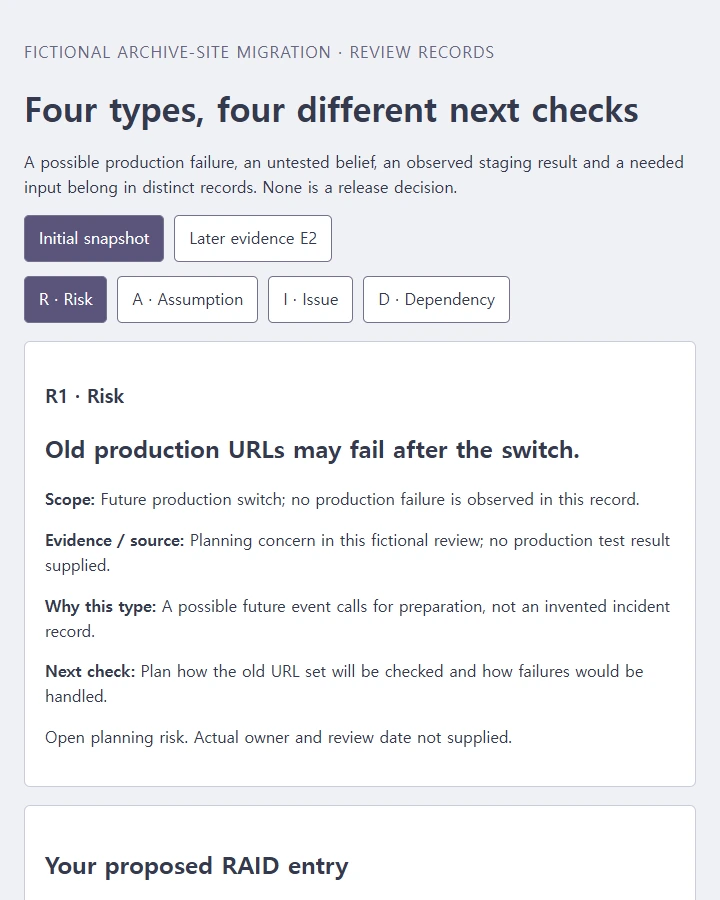 Compare four RAID records and follow an assumption into a later linked issue