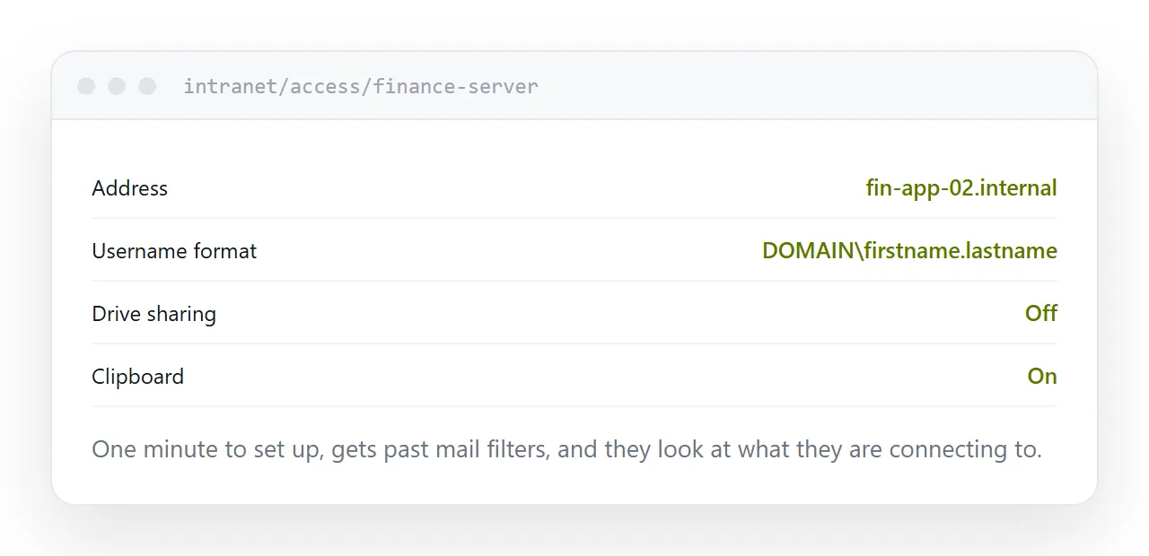Connection details published as text on an internal page.