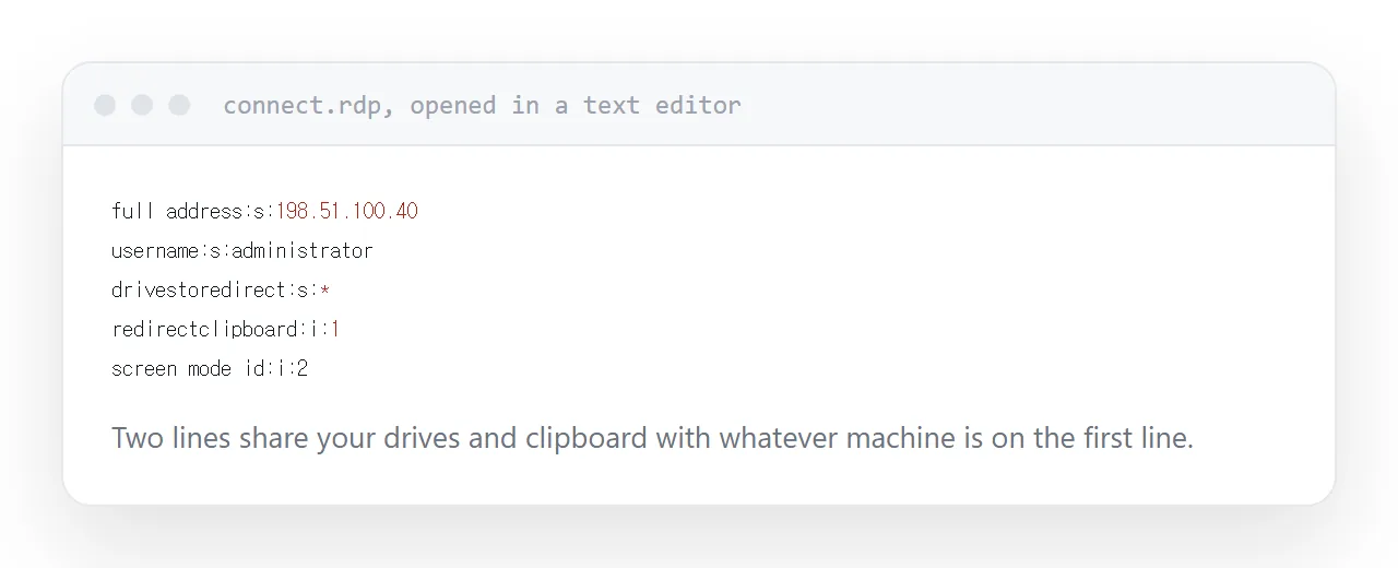 An RDP file opened in a text editor showing its settings.