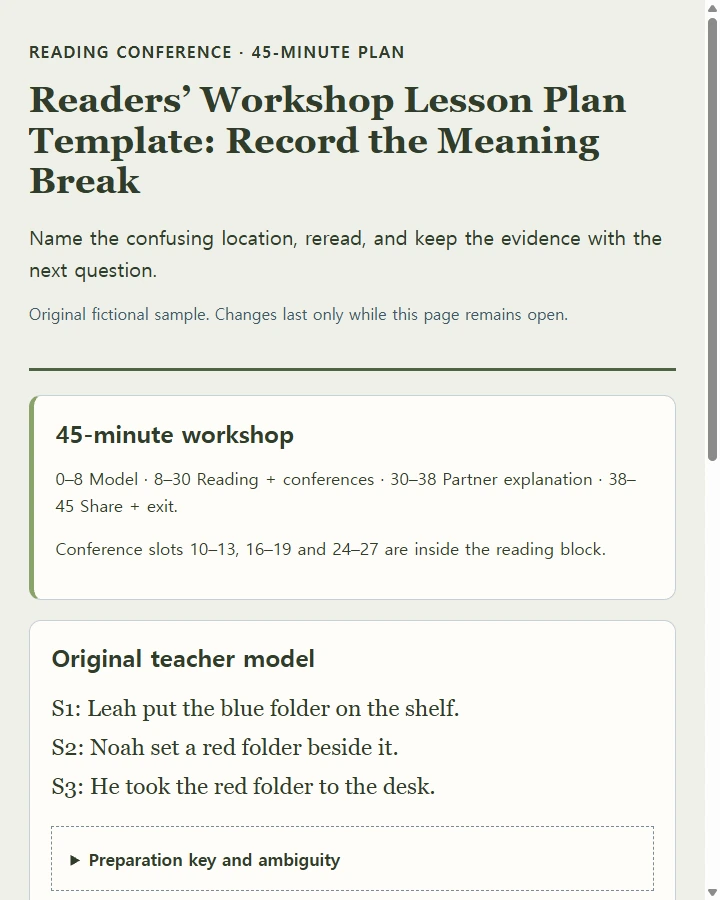 Readers’ Workshop Lesson Plan Template: Record the Meaning Break