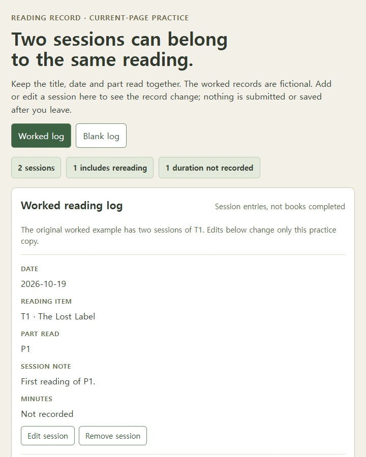 One reading item, two dated sessions and a reread that stays visible