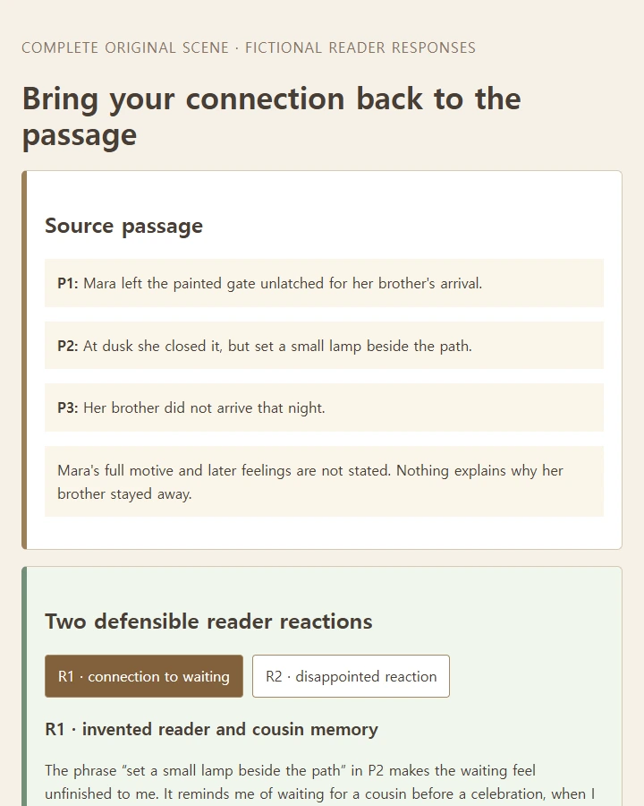 Compare a personal story alone with a response that returns to an exact passage detail