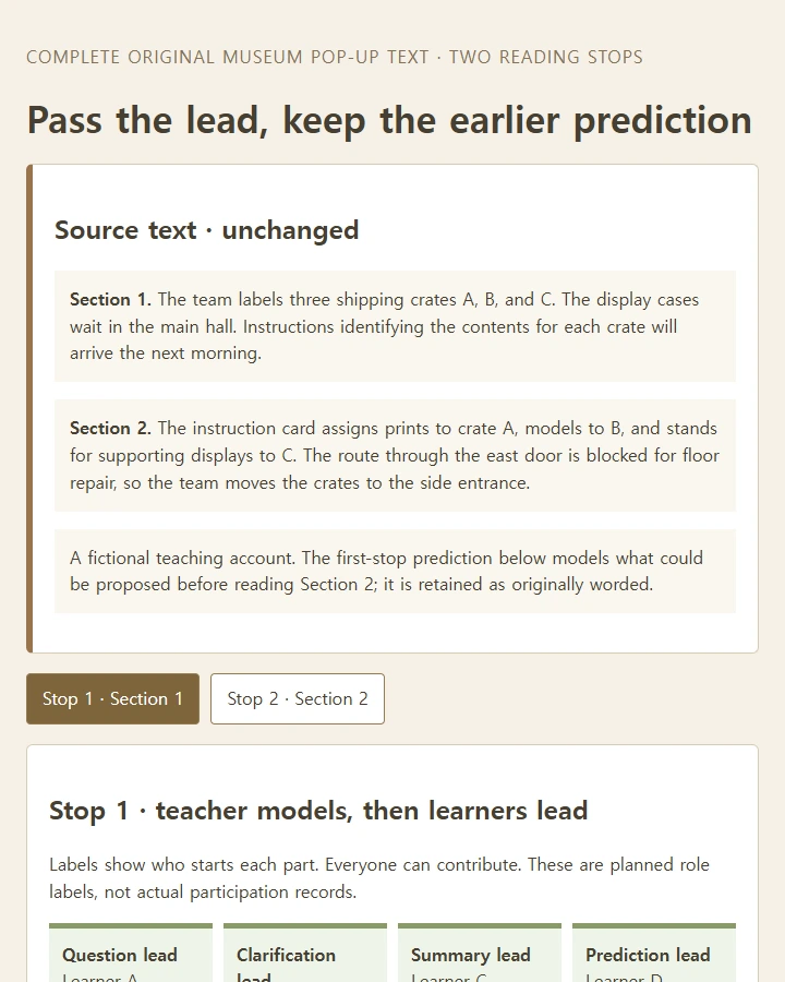 Work through two reading stops and rotate the question, clarification, summary, and prediction leads