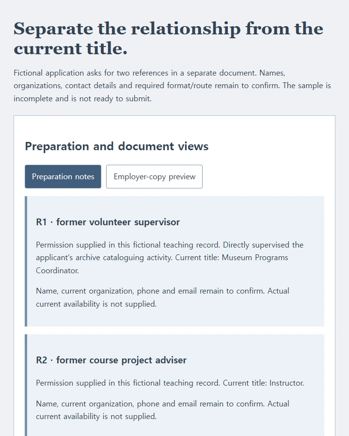Two fictional references with supplied permission, incomplete contact details, and a third person kept out of the employer copy
