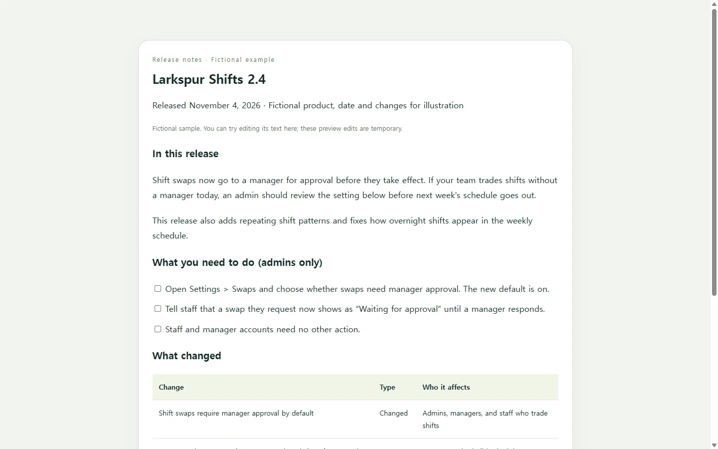 Larkspur Shifts 2.4 — fictional sample
