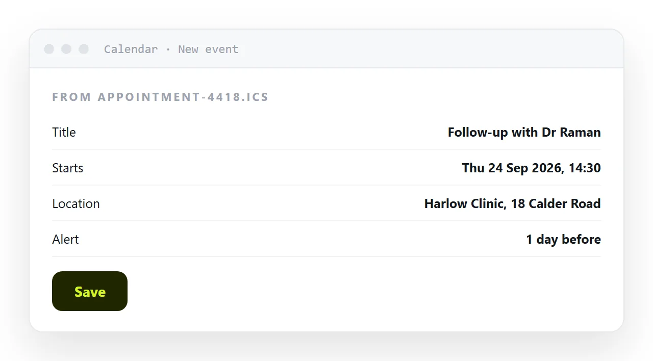 The .ics download opening in a calendar app, with the appointment details filled in.