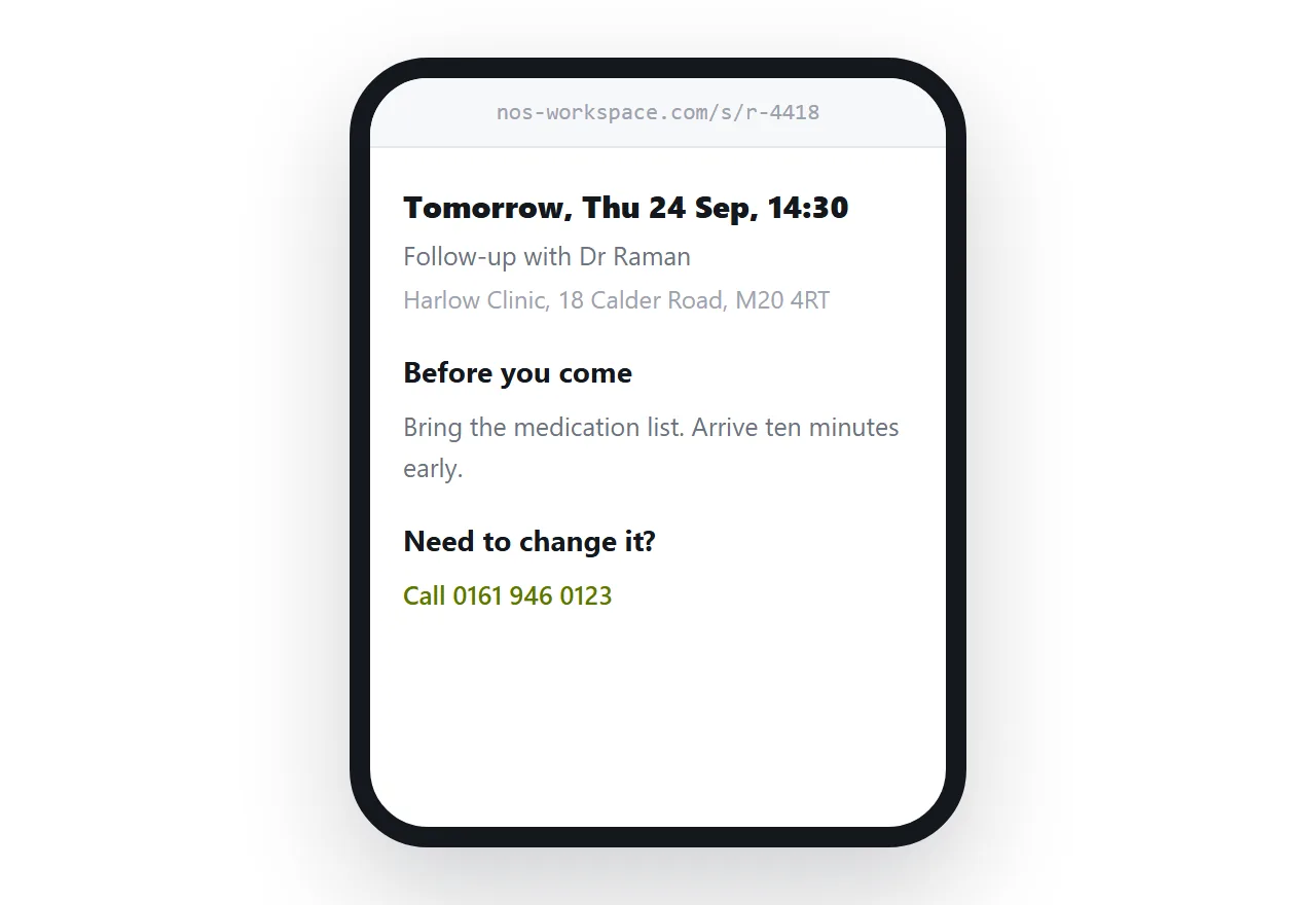 A reminder page on a phone. Date and time first, then address, what to bring, and how to change it.