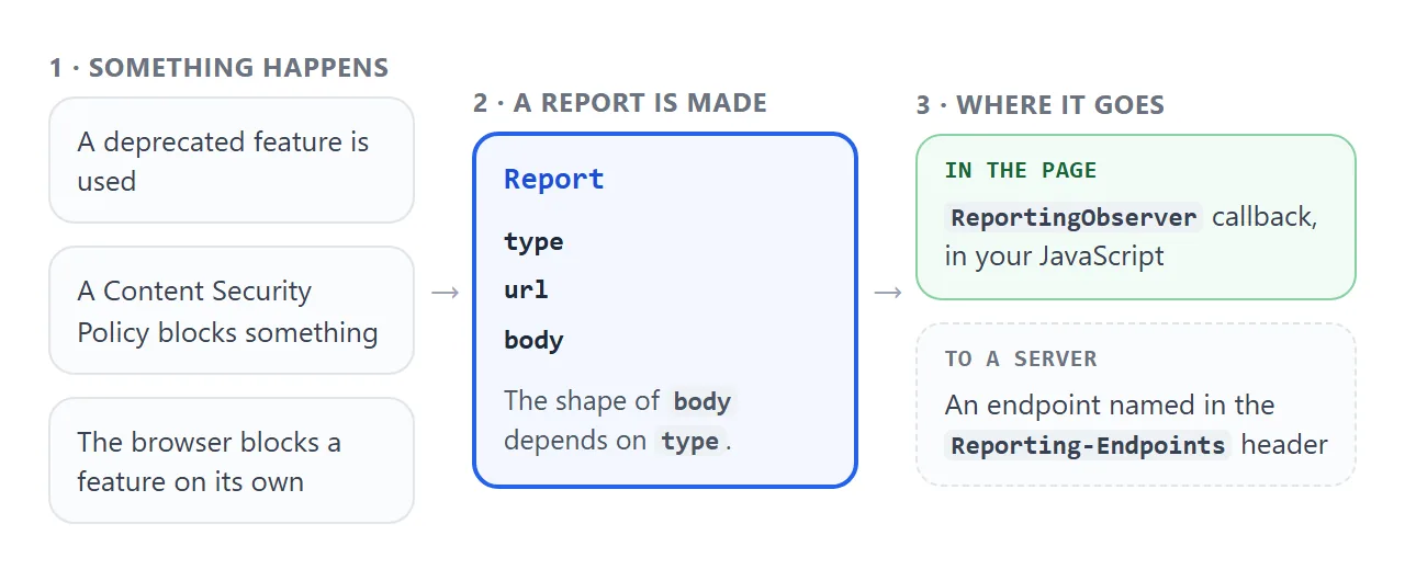 A report is made by the browser, then goes to the page through ReportingObserver or to a server through a named endpoint.