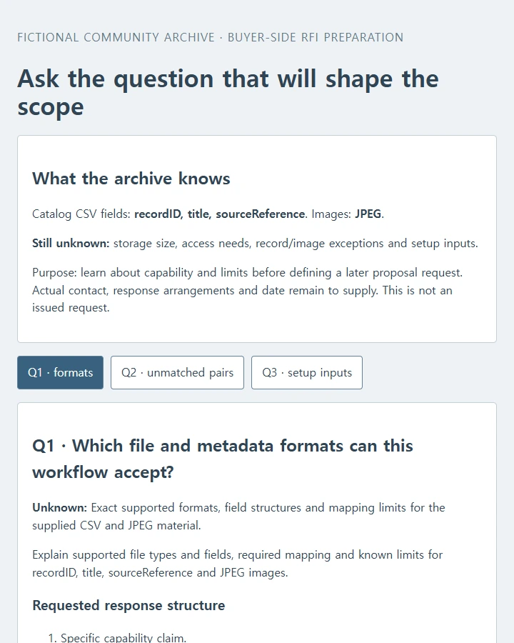 Trace three archive-workflow questions from unknowns to response gaps and scope decisions