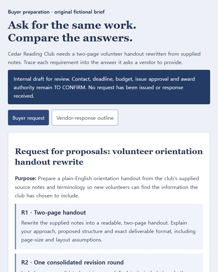 A buyer's handout-rewrite request, three scope requirements and an aligned vendor-response outline