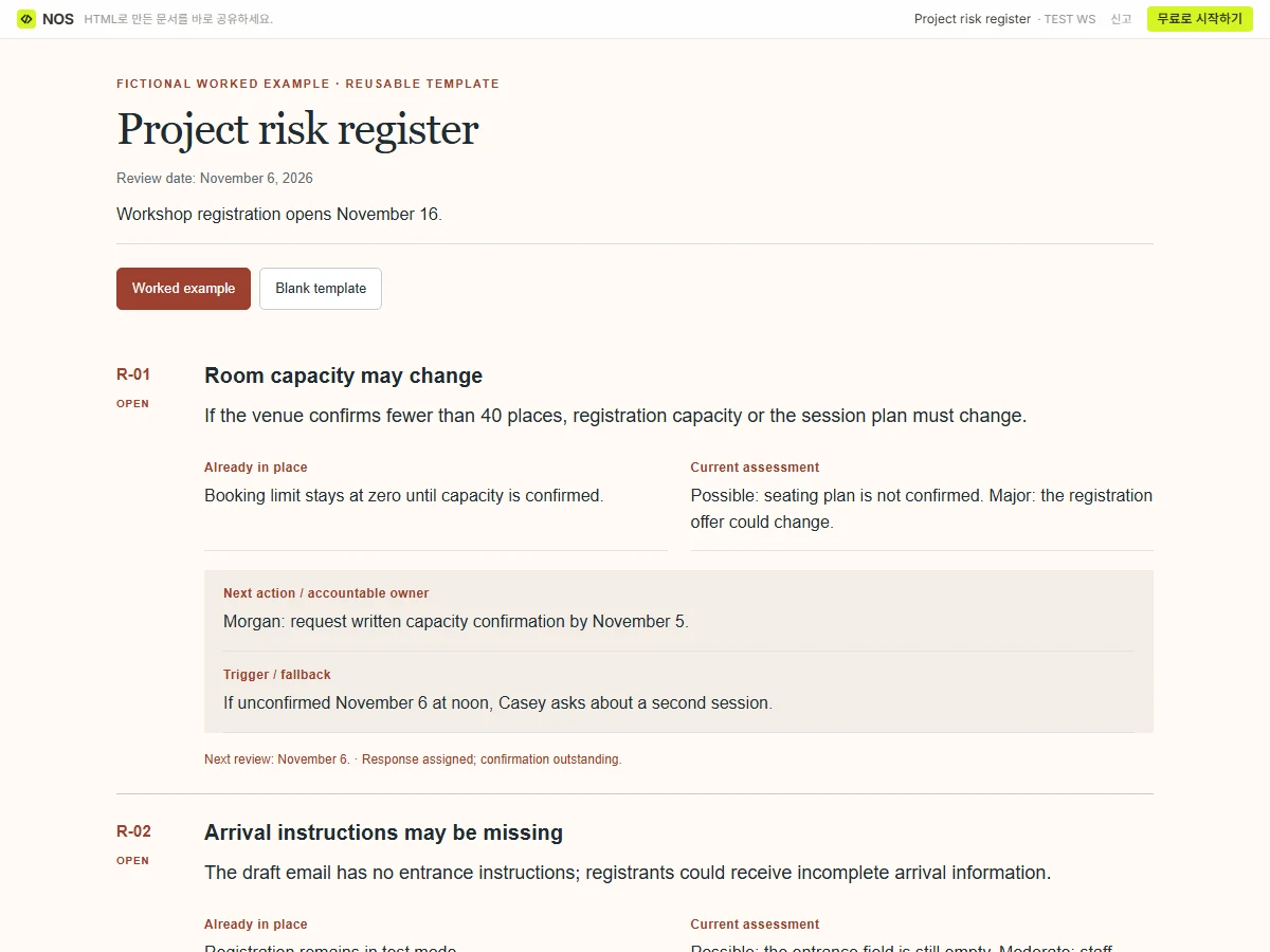 Project risk register saved in NOS and opened through its actual reader link.