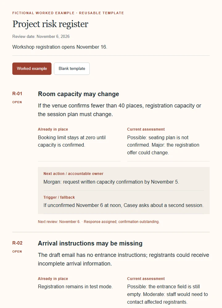 Project risk register: fictional worked example and reusable blank template.