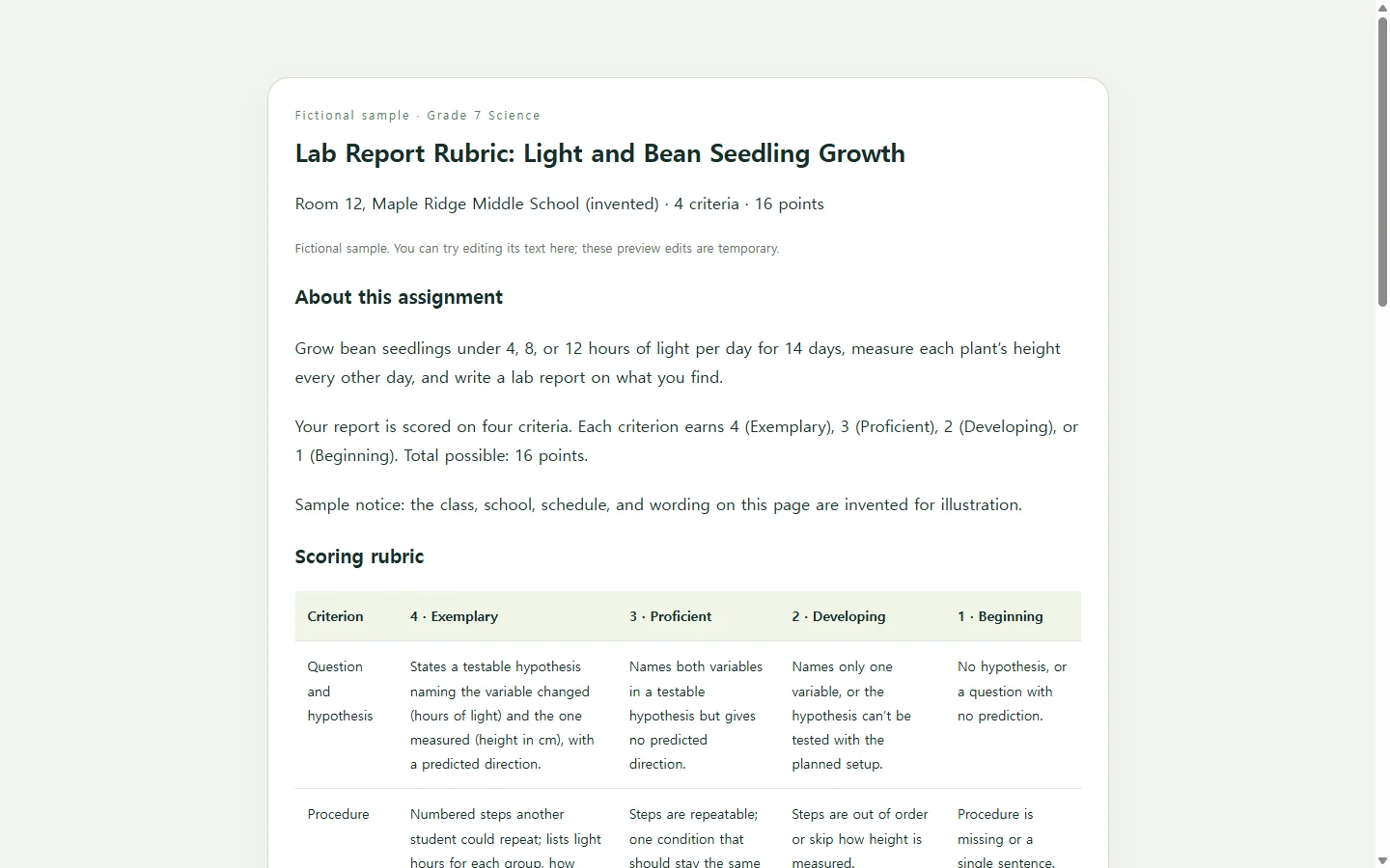 Lab Report Rubric: Light and Bean Seedling Growth — fictional sample