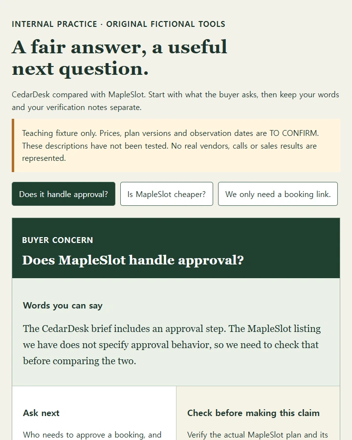 Three buyer concerns, supported responses and open verification checks