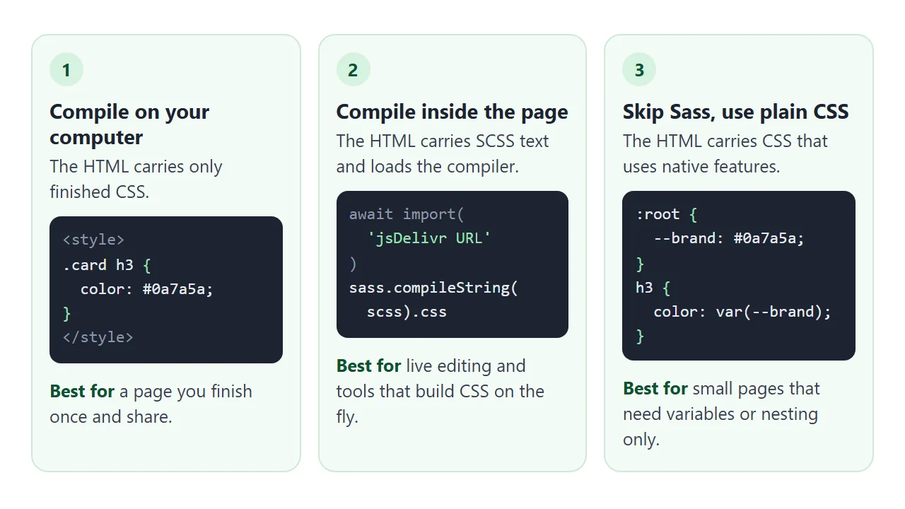 Compile ahead of time, compile in the page, or use plain CSS features.